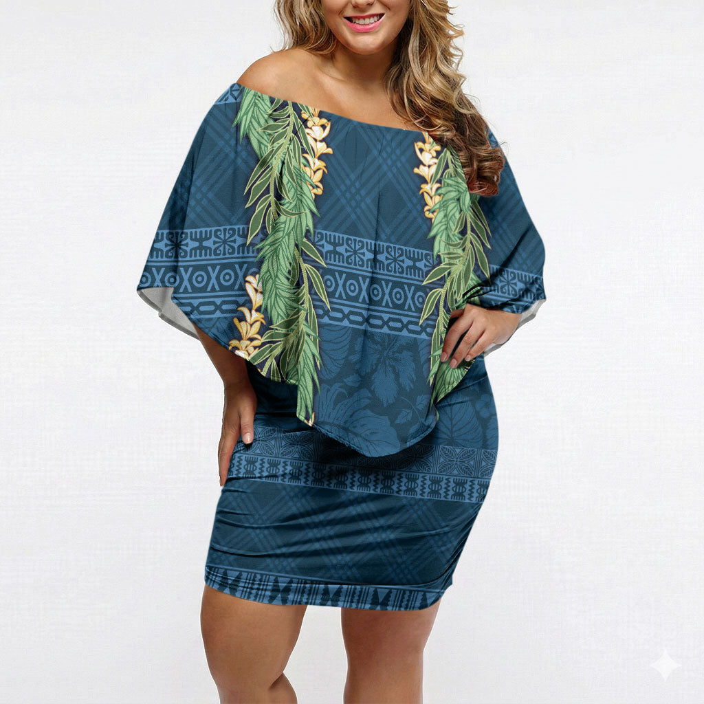 Hawai'i Paniolo Maile Twisted Lei Off Shoulder Short Dress Cobalt Blue