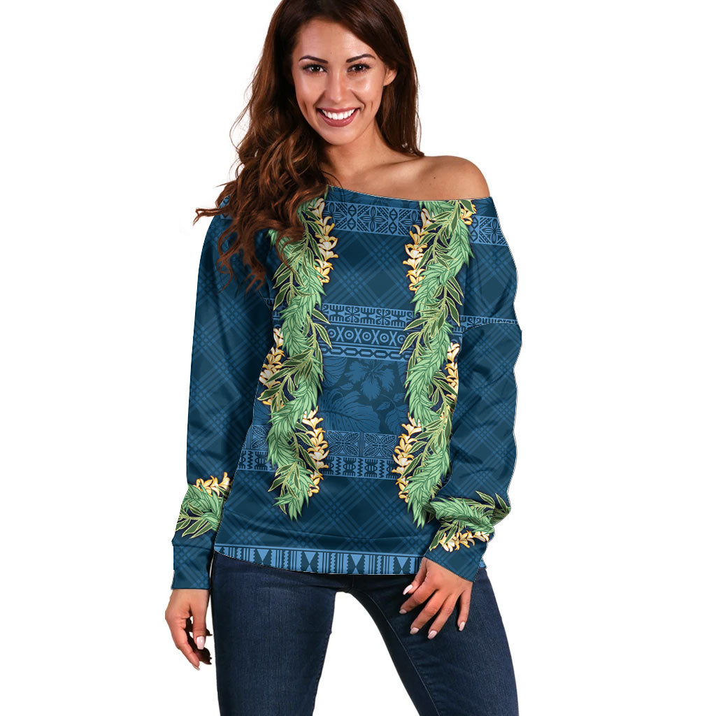 Hawai'i Paniolo Maile Twisted Lei Off Shoulder Sweater Cobalt Blue