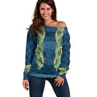 Hawai'i Paniolo Maile Twisted Lei Off Shoulder Sweater Cobalt Blue