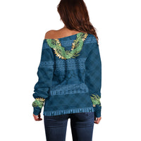 Hawai'i Paniolo Maile Twisted Lei Off Shoulder Sweater Cobalt Blue