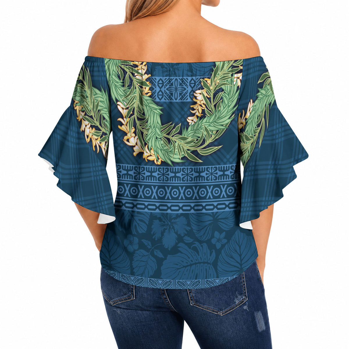 Hawai'i Paniolo Maile Twisted Lei Off Shoulder Wrap Waist Top Cobalt Blue