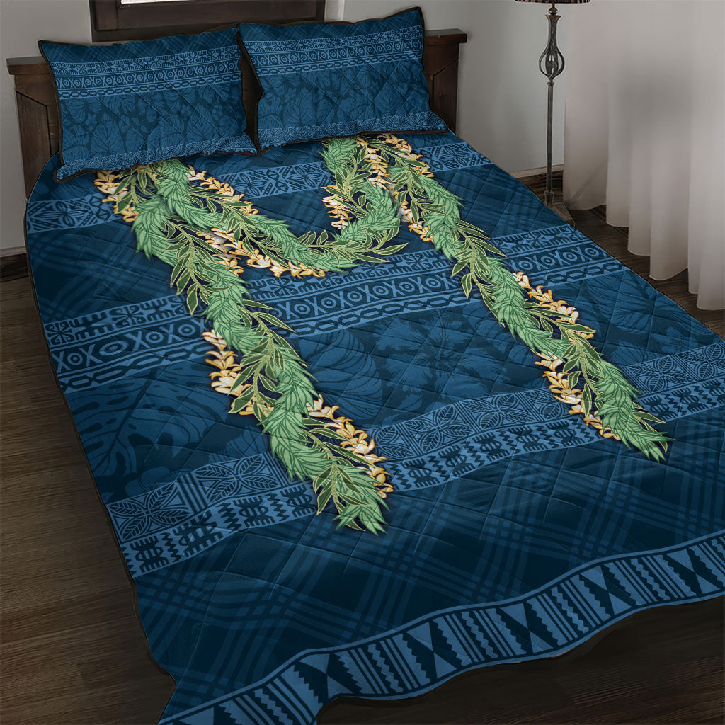 Hawai'i Paniolo Maile Twisted Lei Quilt Bed Set Cobalt Blue