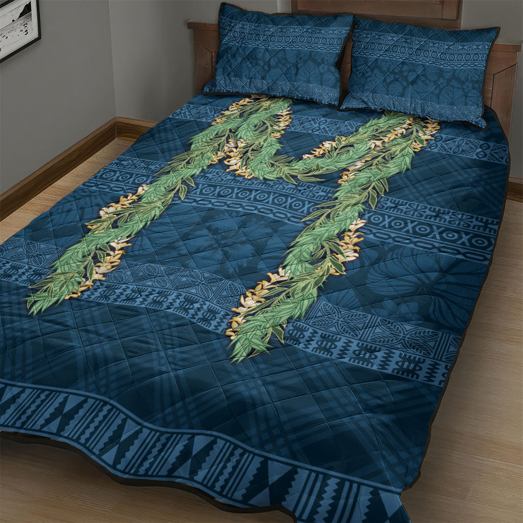 Hawai'i Paniolo Maile Twisted Lei Quilt Bed Set Cobalt Blue