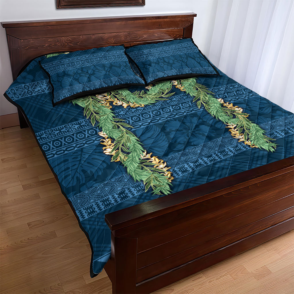 Hawai'i Paniolo Maile Twisted Lei Quilt Bed Set Cobalt Blue