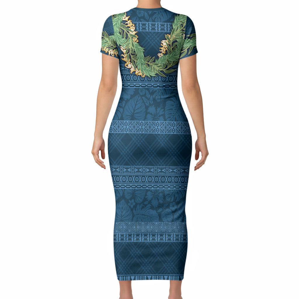 Hawai'i Paniolo Maile Twisted Lei Short Sleeve Bodycon Dress Cobalt Blue