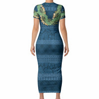 Hawai'i Paniolo Maile Twisted Lei Short Sleeve Bodycon Dress Cobalt Blue