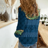 Hawai'i Paniolo Maile Twisted Lei Women Casual Shirt Cobalt Blue