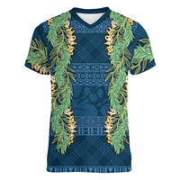 Hawai'i Paniolo Maile Twisted Lei Women V-Neck T-Shirt Cobalt Blue