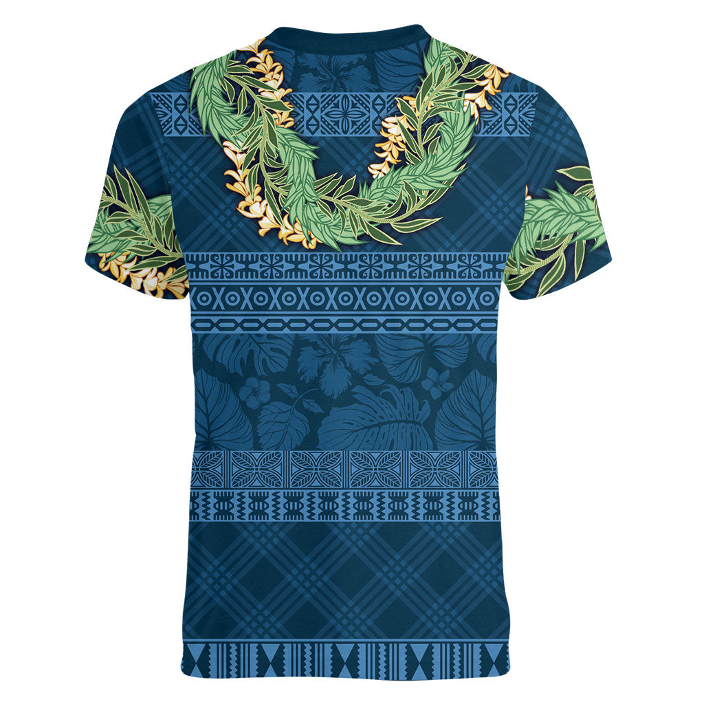 Hawai'i Paniolo Maile Twisted Lei Women V-Neck T-Shirt Cobalt Blue