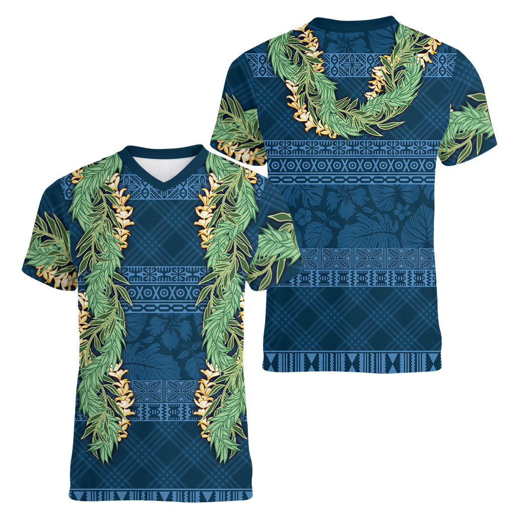 Hawai'i Paniolo Maile Twisted Lei Women V-Neck T-Shirt Cobalt Blue