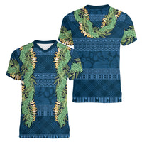 Hawai'i Paniolo Maile Twisted Lei Women V-Neck T-Shirt Cobalt Blue