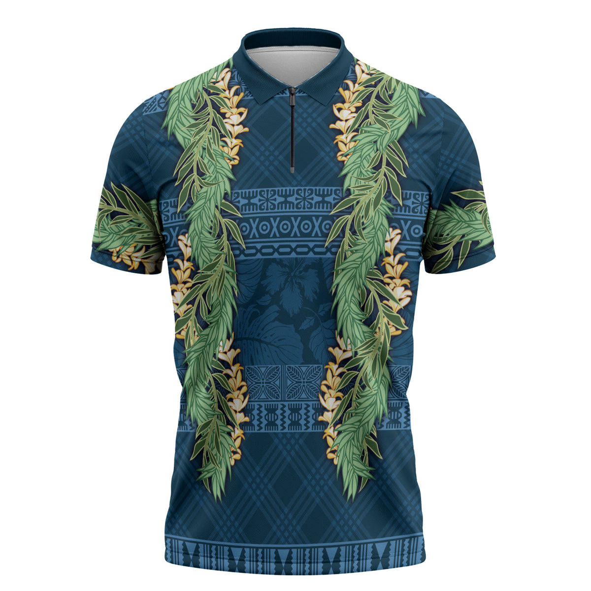 Hawai'i Paniolo Maile Twisted Lei Zipper Polo Shirt Cobalt Blue