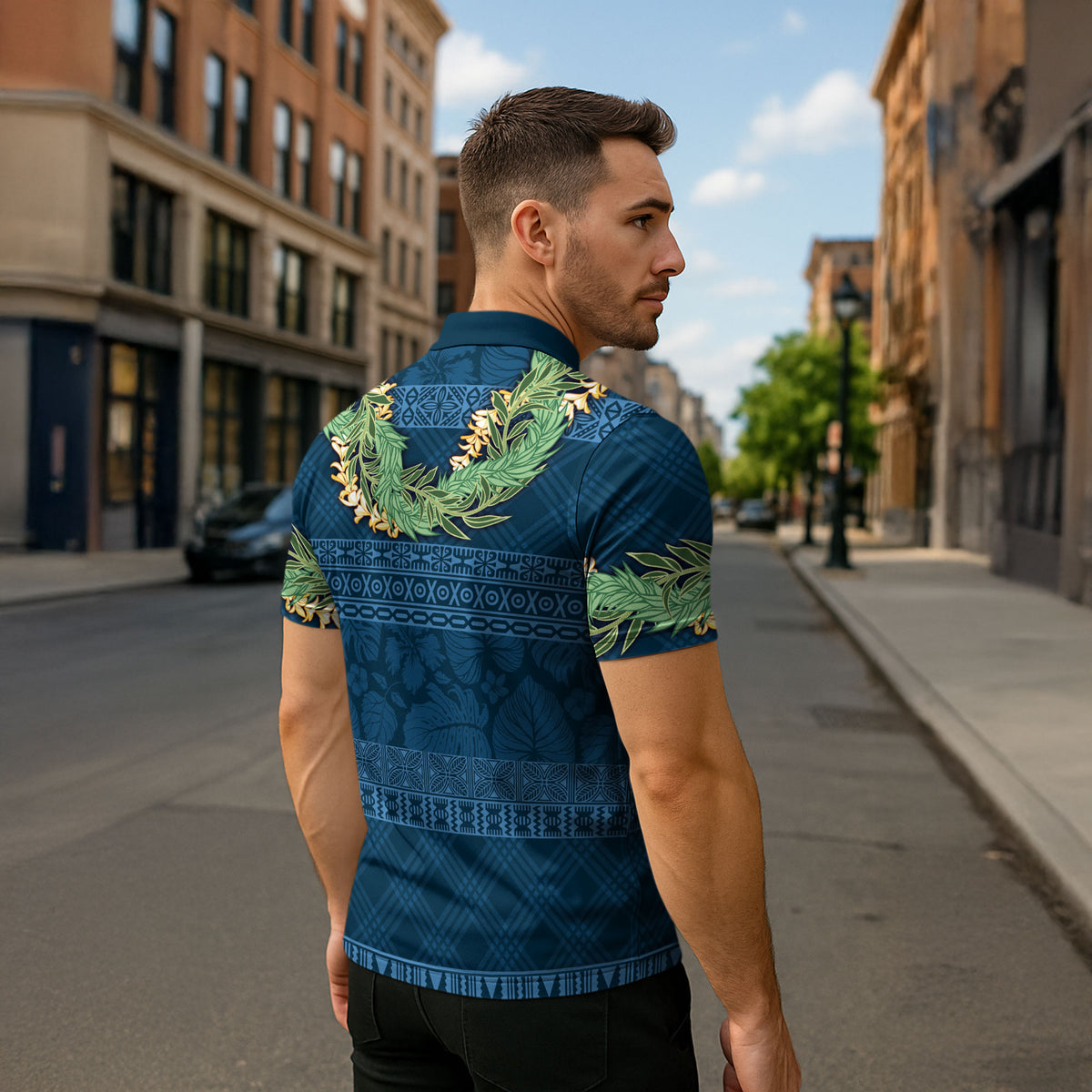 Hawai'i Paniolo Maile Twisted Lei Zipper Polo Shirt Cobalt Blue