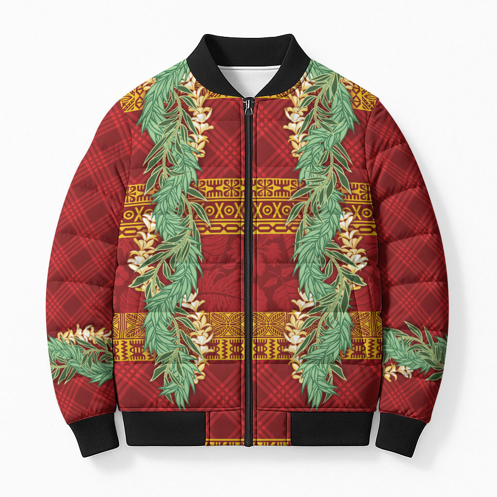 Hawai'i Paniolo Maile Twisted Lei Bomber Puffer Jacket Hilo Royal Red
