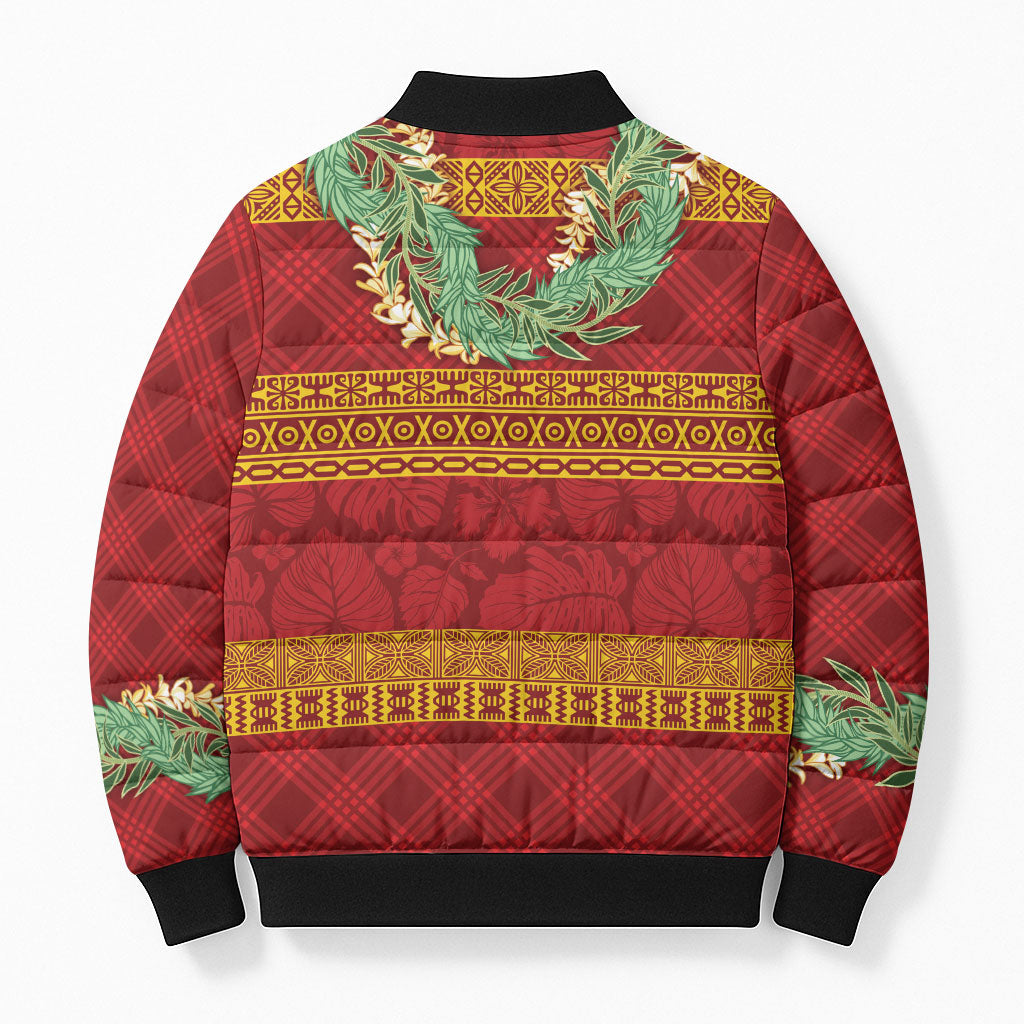 Hawai'i Paniolo Maile Twisted Lei Bomber Puffer Jacket Hilo Royal Red