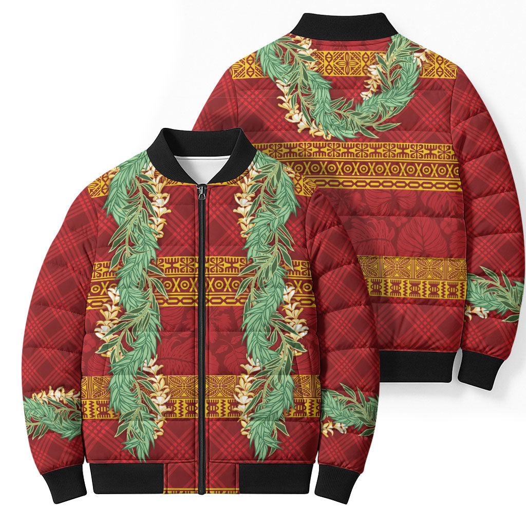 Hawai'i Paniolo Maile Twisted Lei Bomber Puffer Jacket Hilo Royal Red