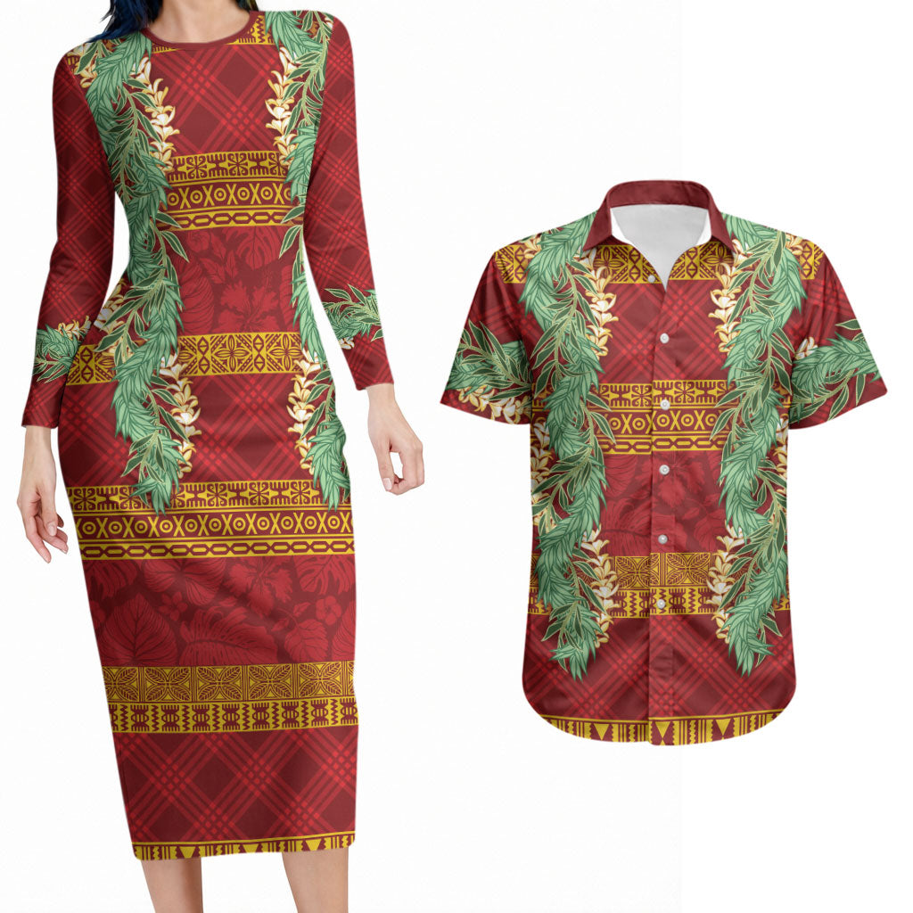 Hawai'i Paniolo Maile Twisted Lei Couples Matching Long Sleeve Bodycon Dress and Hawaiian Shirt Hilo Royal Red