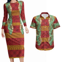 Hawai'i Paniolo Maile Twisted Lei Couples Matching Long Sleeve Bodycon Dress and Hawaiian Shirt Hilo Royal Red
