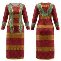 Hawai'i Paniolo Maile Twisted Lei Couples Matching Long Sleeve Bodycon Dress and Hawaiian Shirt Hilo Royal Red