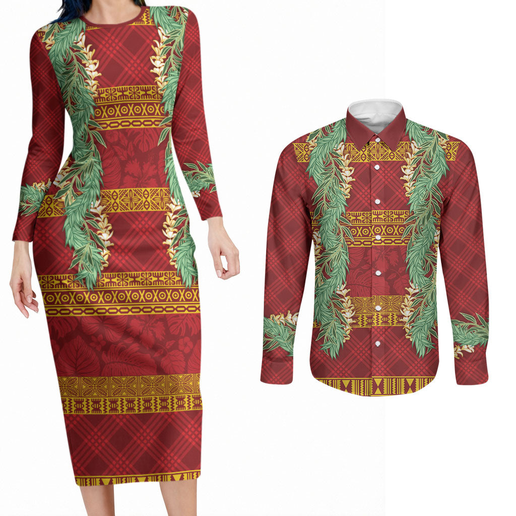Hawai'i Paniolo Maile Twisted Lei Couples Matching Long Sleeve Bodycon Dress and Long Sleeve Button Shirt Hilo Royal Red