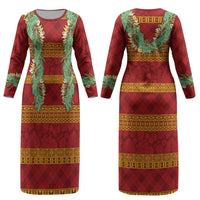 Hawai'i Paniolo Maile Twisted Lei Couples Matching Long Sleeve Bodycon Dress and Long Sleeve Button Shirt Hilo Royal Red