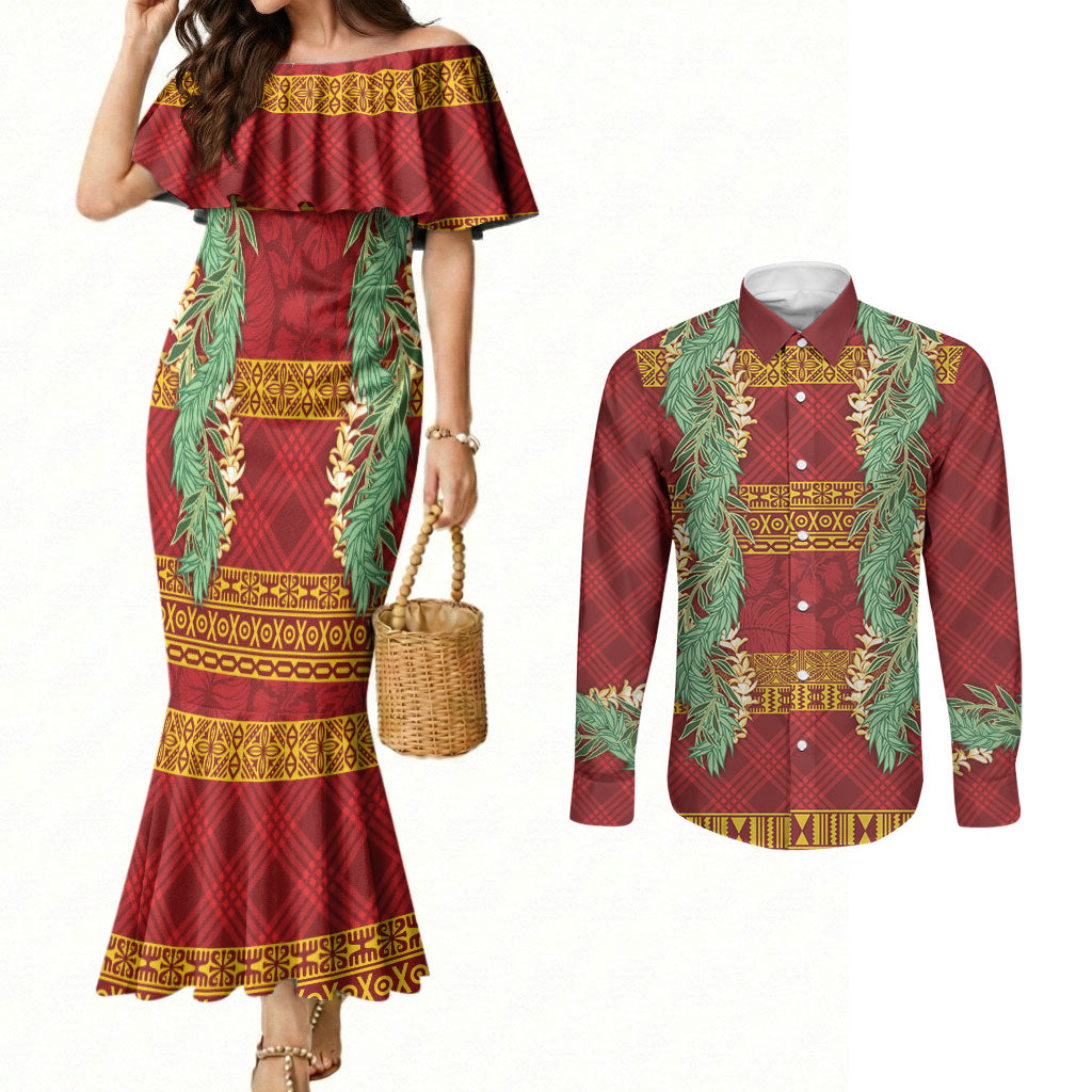 Hawai'i Paniolo Maile Twisted Lei Couples Matching Mermaid Dress and Long Sleeve Button Shirt Hilo Royal Red