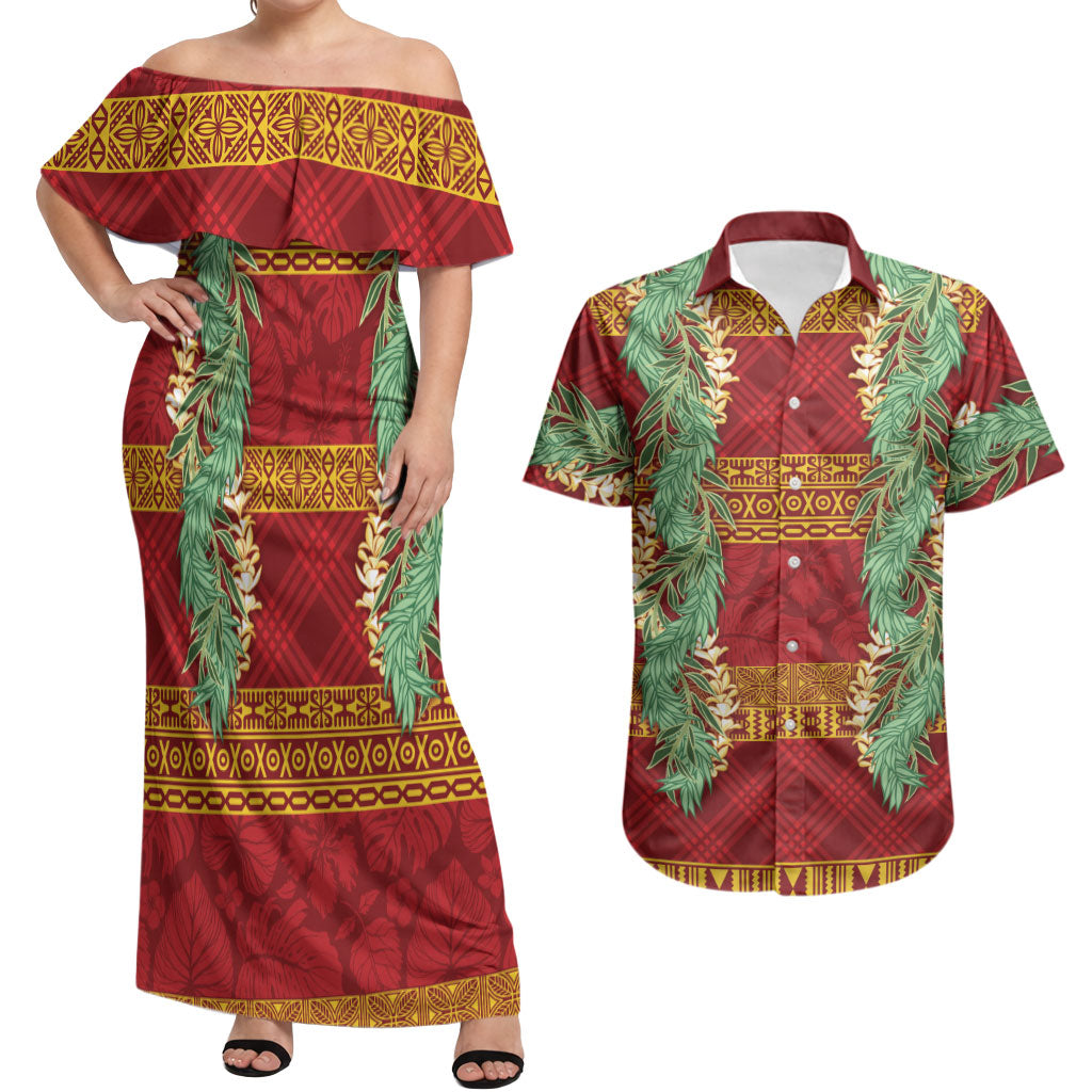 Hawai'i Paniolo Maile Twisted Lei Couples Matching Off Shoulder Maxi Dress and Hawaiian Shirt Hilo Royal Red