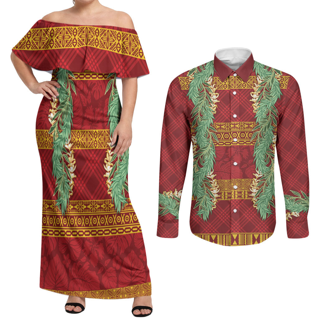 Hawai'i Paniolo Maile Twisted Lei Couples Matching Off Shoulder Maxi Dress and Long Sleeve Button Shirt Hilo Royal Red