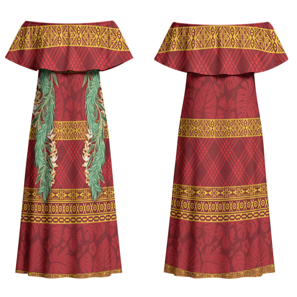 Hawai'i Paniolo Maile Twisted Lei Couples Matching Off Shoulder Maxi Dress and Long Sleeve Button Shirt Hilo Royal Red