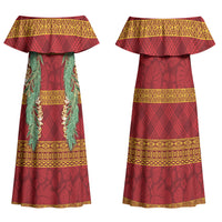 Hawai'i Paniolo Maile Twisted Lei Couples Matching Off Shoulder Maxi Dress and Long Sleeve Button Shirt Hilo Royal Red