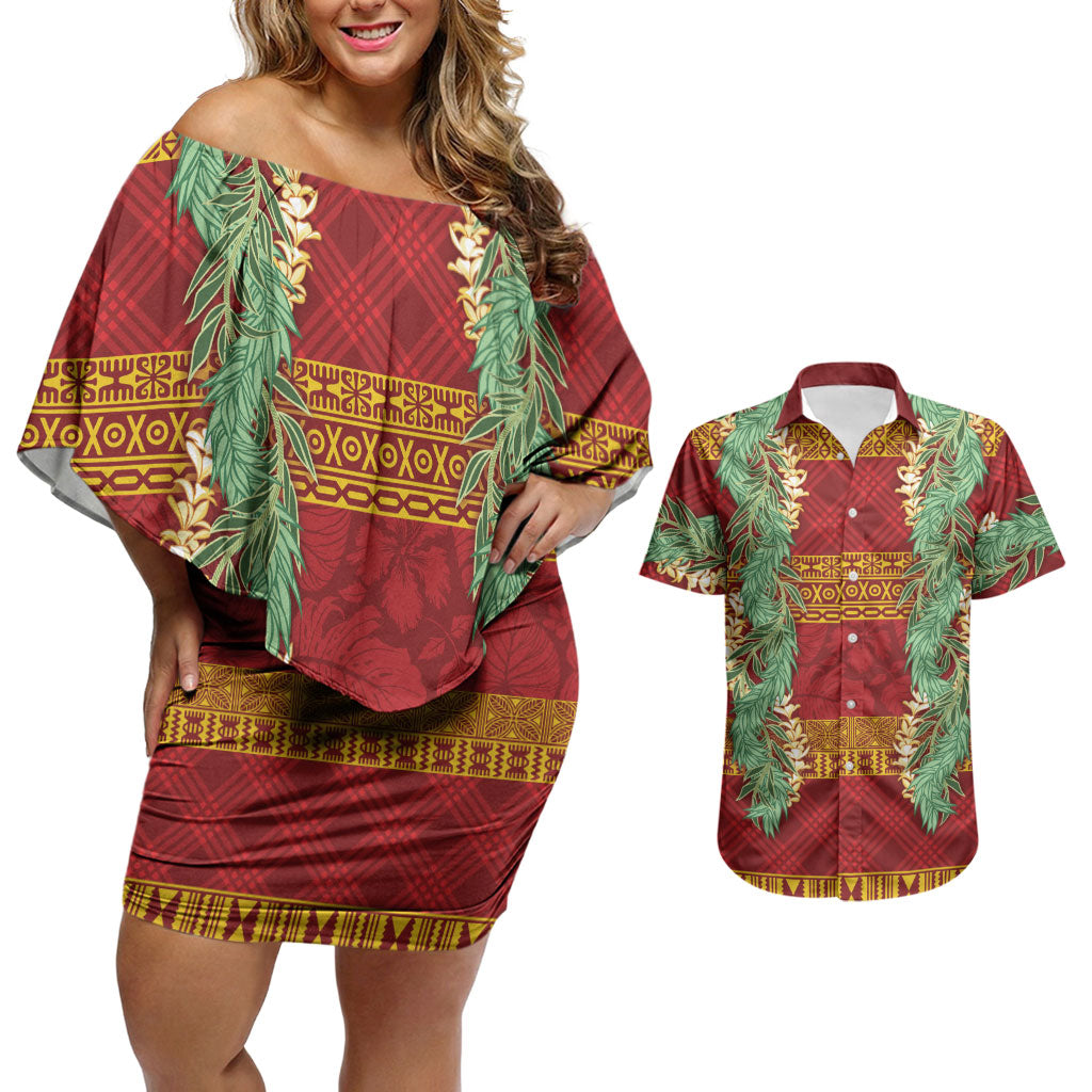 Hawai'i Paniolo Maile Twisted Lei Couples Matching Off Shoulder Short Dress and Hawaiian Shirt Hilo Royal Red