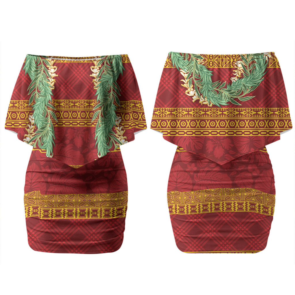 Hawai'i Paniolo Maile Twisted Lei Couples Matching Off Shoulder Short Dress and Hawaiian Shirt Hilo Royal Red