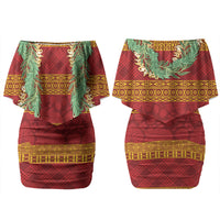 Hawai'i Paniolo Maile Twisted Lei Couples Matching Off Shoulder Short Dress and Hawaiian Shirt Hilo Royal Red