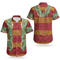 Hawai'i Paniolo Maile Twisted Lei Couples Matching Off Shoulder Short Dress and Hawaiian Shirt Hilo Royal Red