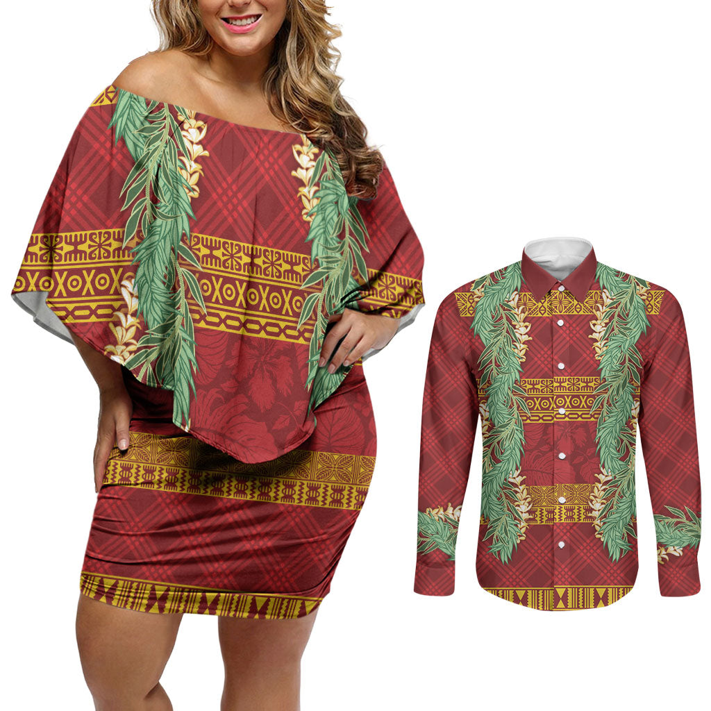 Hawai'i Paniolo Maile Twisted Lei Couples Matching Off Shoulder Short Dress and Long Sleeve Button Shirt Hilo Royal Red