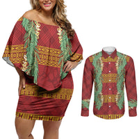 Hawai'i Paniolo Maile Twisted Lei Couples Matching Off Shoulder Short Dress and Long Sleeve Button Shirt Hilo Royal Red