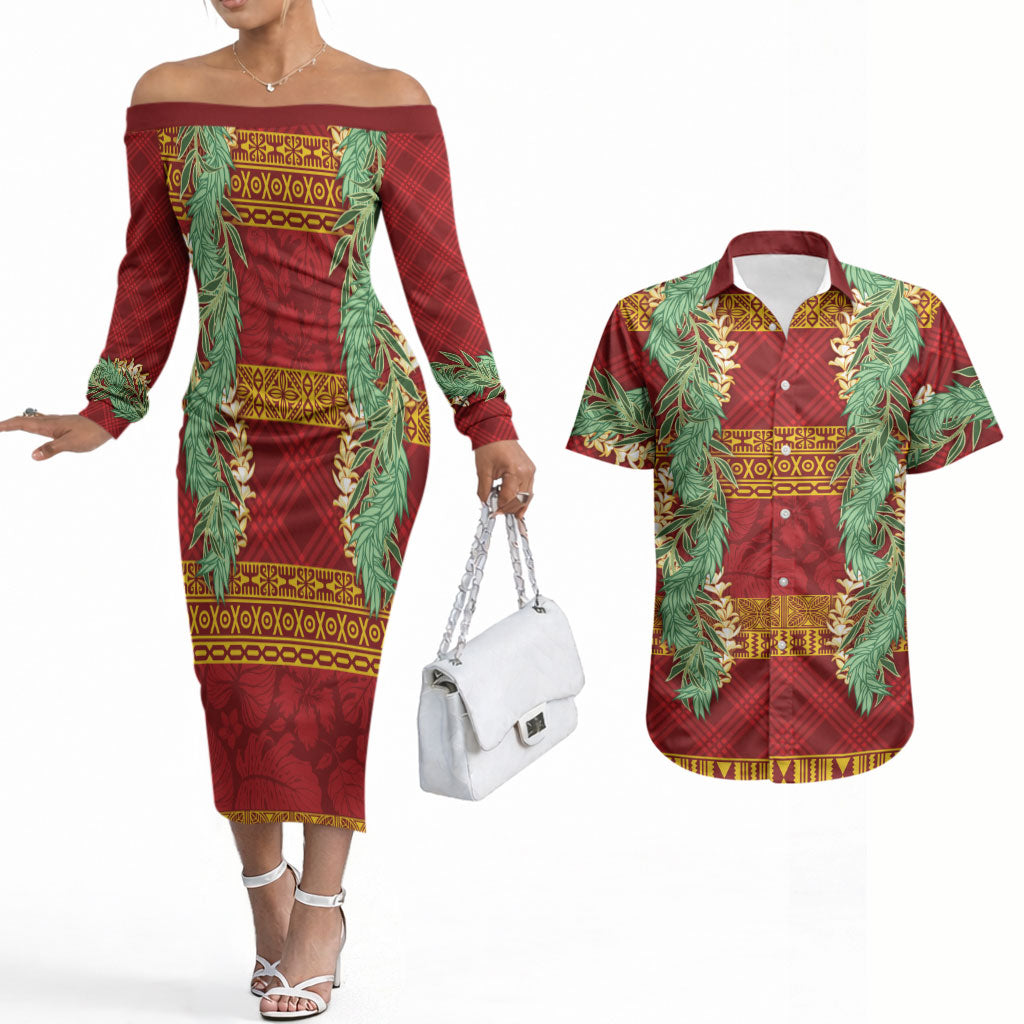 Hawai'i Paniolo Maile Twisted Lei Couples Matching Off The Shoulder Long Sleeve Dress and Hawaiian Shirt Hilo Royal Red