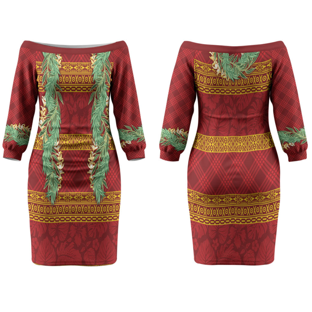 Hawai'i Paniolo Maile Twisted Lei Couples Matching Off The Shoulder Long Sleeve Dress and Hawaiian Shirt Hilo Royal Red