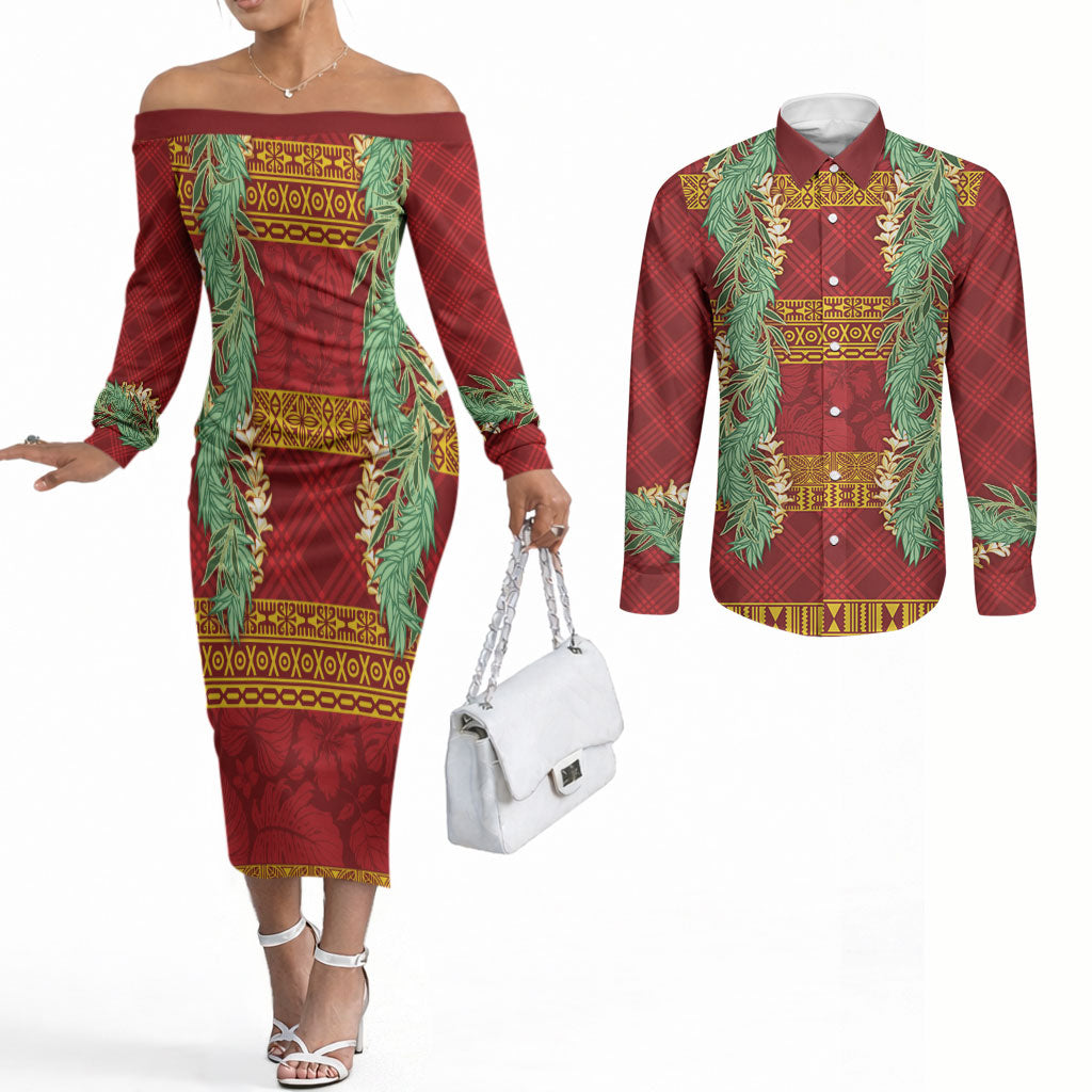 Hawai'i Paniolo Maile Twisted Lei Couples Matching Off The Shoulder Long Sleeve Dress and Long Sleeve Button Shirt Hilo Royal Red LT7 Red - Polynesian Pride