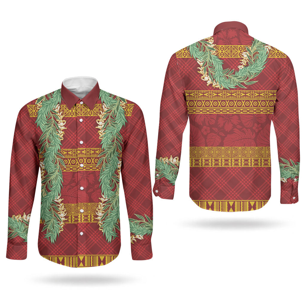 Hawai'i Paniolo Maile Twisted Lei Couples Matching Off The Shoulder Long Sleeve Dress and Long Sleeve Button Shirt Hilo Royal Red