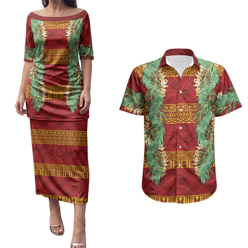 Hawai'i Paniolo Maile Twisted Lei Couples Matching Puletasi and Hawaiian Shirt Hilo Royal Red