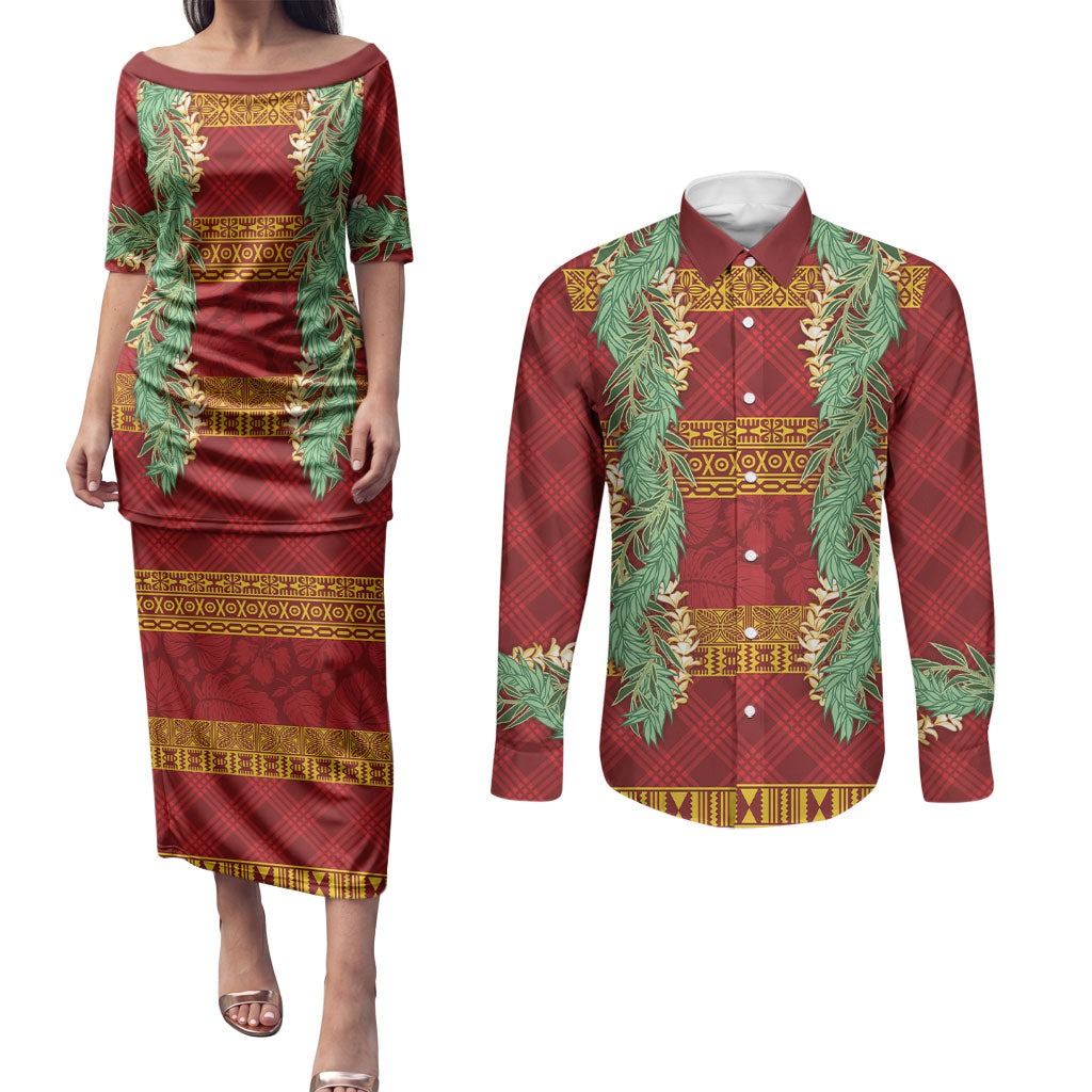 Hawai'i Paniolo Maile Twisted Lei Couples Matching Puletasi and Long Sleeve Button Shirt Hilo Royal Red