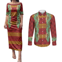 Hawai'i Paniolo Maile Twisted Lei Couples Matching Puletasi and Long Sleeve Button Shirt Hilo Royal Red