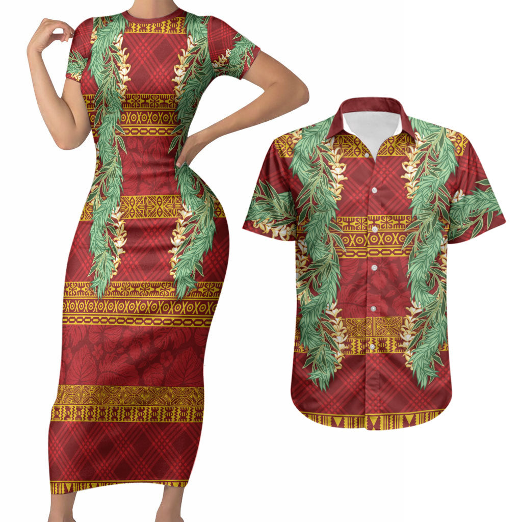 Hawai'i Paniolo Maile Twisted Lei Couples Matching Short Sleeve Bodycon Dress and Hawaiian Shirt Hilo Royal Red