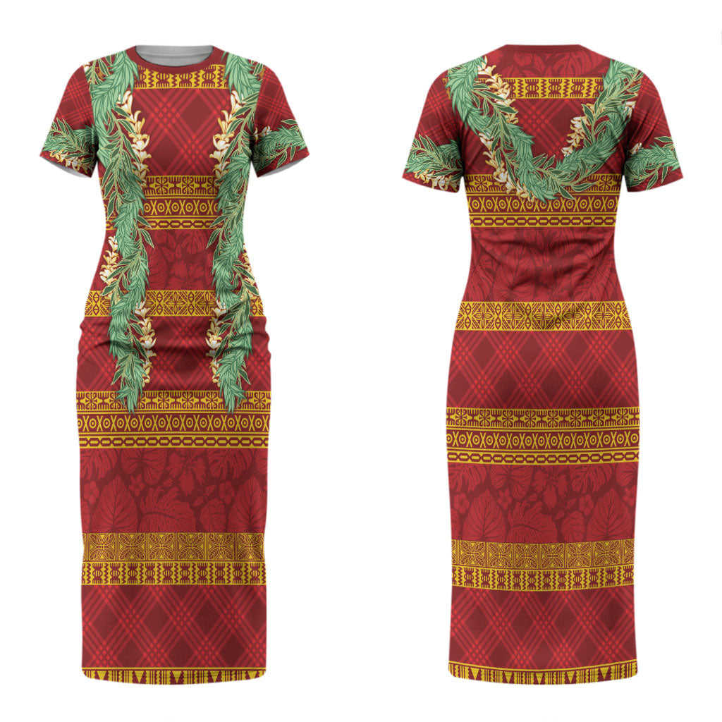 Hawai'i Paniolo Maile Twisted Lei Couples Matching Short Sleeve Bodycon Dress and Hawaiian Shirt Hilo Royal Red
