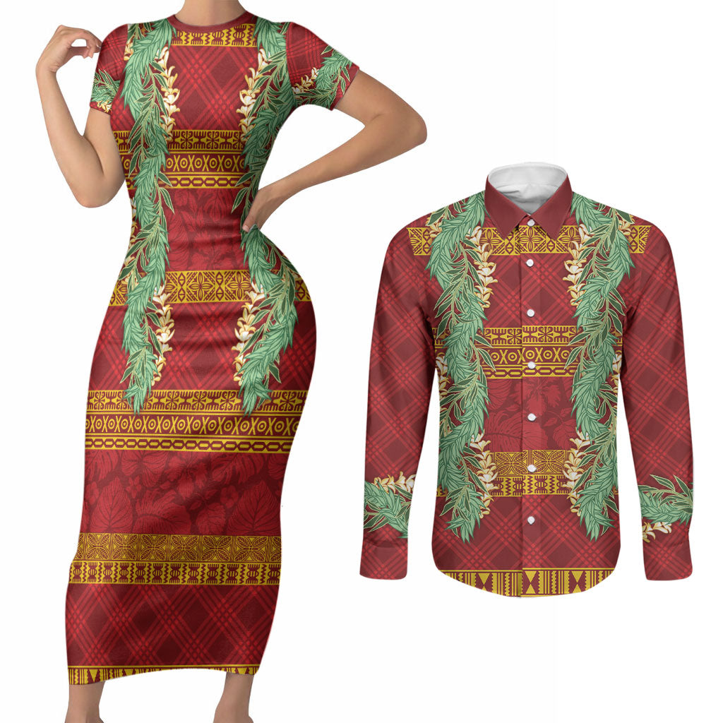 Hawai'i Paniolo Maile Twisted Lei Couples Matching Short Sleeve Bodycon Dress and Long Sleeve Button Shirt Hilo Royal Red