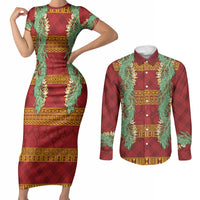 Hawai'i Paniolo Maile Twisted Lei Couples Matching Short Sleeve Bodycon Dress and Long Sleeve Button Shirt Hilo Royal Red