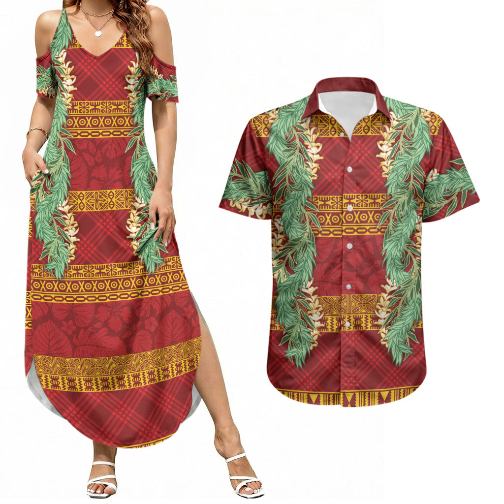 Hawai'i Paniolo Maile Twisted Lei Couples Matching Summer Maxi Dress and Hawaiian Shirt Hilo Royal Red