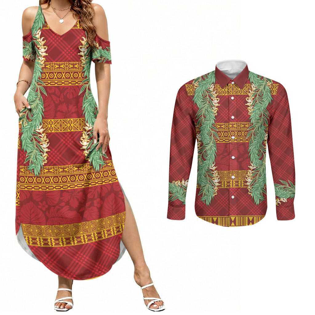 Hawai'i Paniolo Maile Twisted Lei Couples Matching Summer Maxi Dress and Long Sleeve Button Shirt Hilo Royal Red