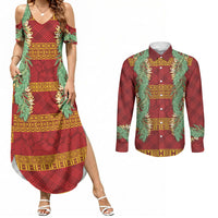 Hawai'i Paniolo Maile Twisted Lei Couples Matching Summer Maxi Dress and Long Sleeve Button Shirt Hilo Royal Red